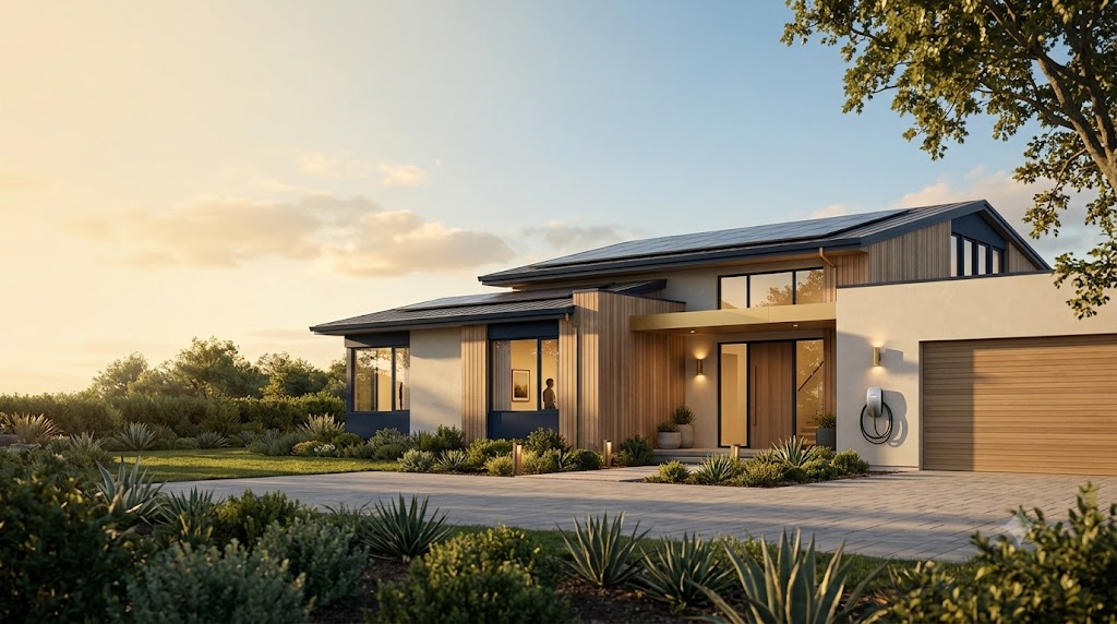 Modern home with rooftop solar panels at golden hour